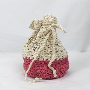 Pink Cream Crocheted Drawstring Pouch Bag